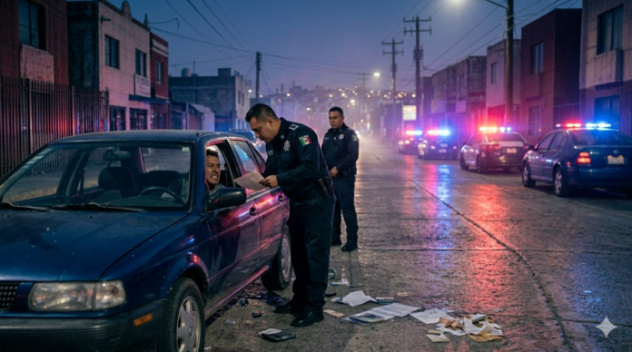 Operativo de alcoholímetro en México con agentes de tránsito revisando a un conductor durante la noche