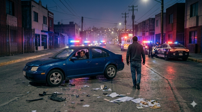 Huir de un accidente en México 2026 con vehículo dañado y escena policiaca nocturna