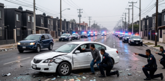 Huir de un accidente en México 2026: consecuencias graves, multas y cárcel huir de un accidente en México 2026 con vehículo escapando y patrulla en persecución