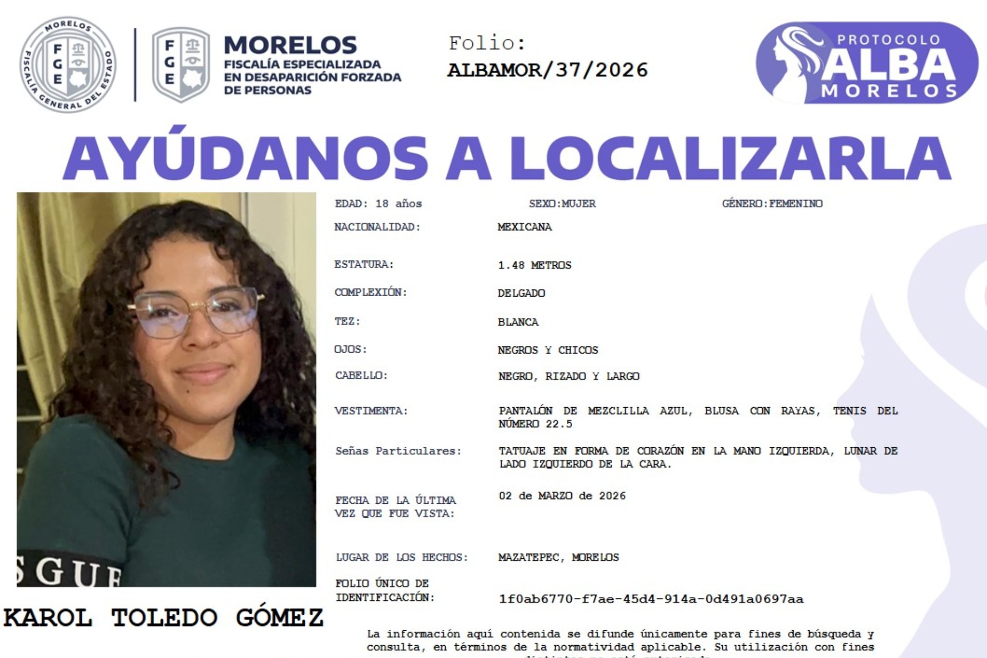 Desaparece otra estudiante en Morelos: Urgen localizar a la joven Karol Toledo