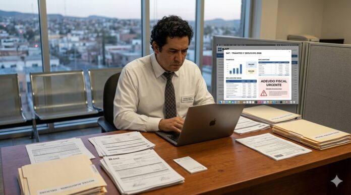 hombre preocupado revisando notificación del SAT en laptop sobre no presentar declaración anual 2026 en México
