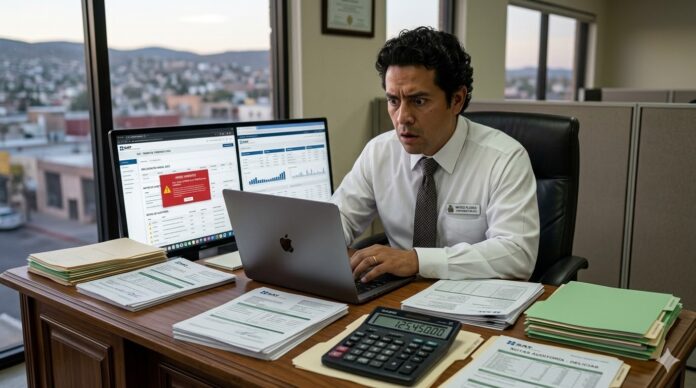 e firma vencida 2026 sat persona usando laptop con problema en trámite fiscal en México