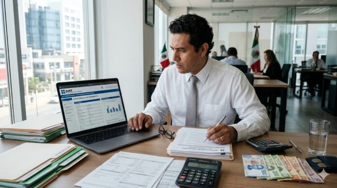 multas SAT contadores 2026 contador revisando documentos fiscales y cálculo de impuestos en oficina mexicana.