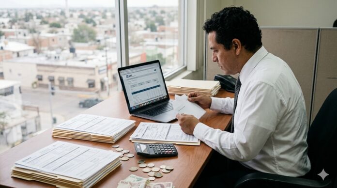 carta invitacion SAT 2026 persona leyendo notificación fiscal del SAT en escritorio de oficina