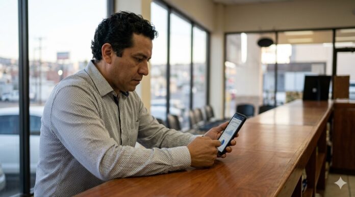 comerciante mexicano preocupado revisando cuenta bancaria por multas del SAT por no emitir facturas 2026