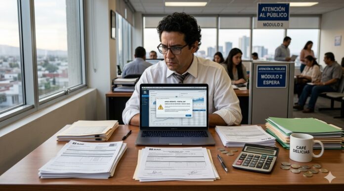 credito fiscal SAT 2026 documentos fiscales del SAT en escritorio de oficina mexicana