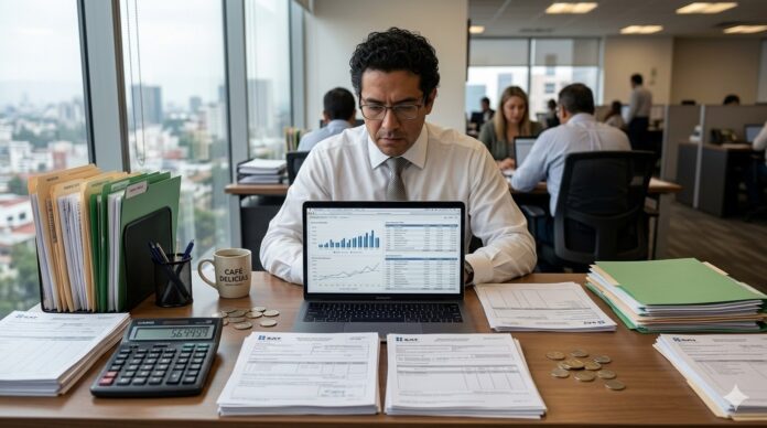 auditoria SAT 2026 auditor revisando documentos fiscales del SAT en oficina