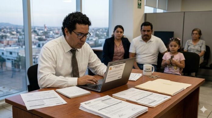 multa SAT no presentar declaración anual 2026 contribuyente revisando declaración fiscal en computadora