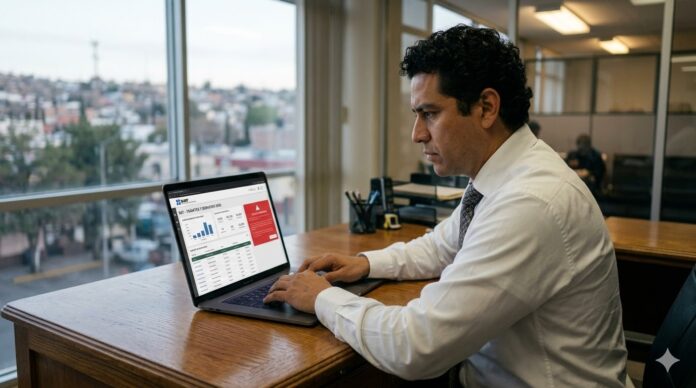 discrepancia fiscal SAT 2026 persona revisando notificación del SAT en laptop en México