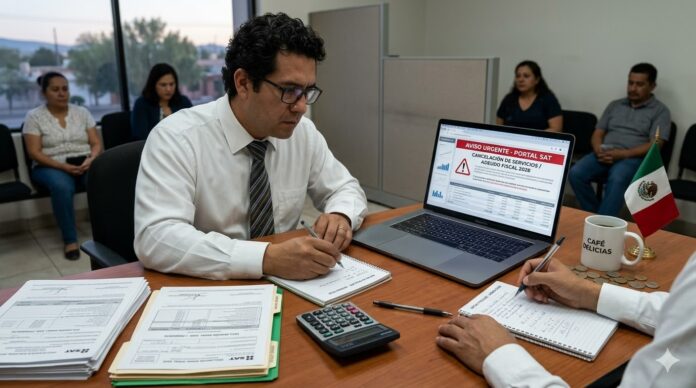 SAT congelar cuentas bancarias 2026 persona revisando bloqueo bancario en laptop