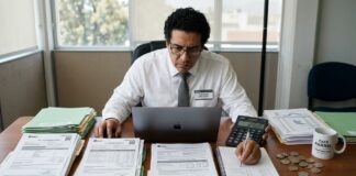 Multas del SAT por facturación incorrecta 2026: errores en CFDI que pueden costarte miles multas SAT facturación incorrecta 2026 contador revisando facturas electrónicas CFDI en computadora