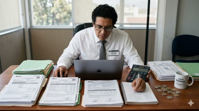 multas SAT facturación incorrecta 2026 contador revisando facturas electrónicas CFDI en computadora