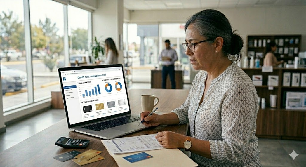 Cuál es el costo real de usar una tarjeta de crédito en 2026 Persona mexicana comparando costos reales de tarjeta de crédito 2026 en laptop con tarjetas bancarias sobre escritorio