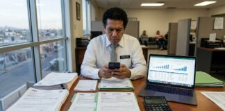 Discrepancia fiscal 2026: qué es, cómo te detecta el SAT y multas por ingresos no declarados discrepancia fiscal 2026 persona revisando depósitos bancarios en celular con preocupación en México