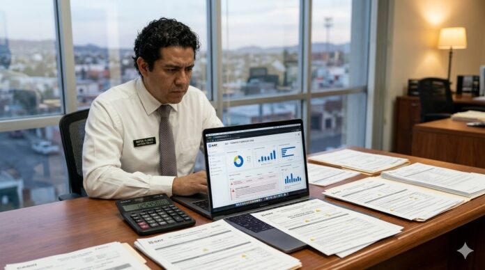 multas del sat 2026 mexico persona revisando documentos fiscales preocupado consecuencias economicas