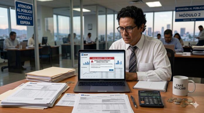 embargo SAT 2026 documentos fiscales del SAT y notificación de embargo en escritorio de oficina