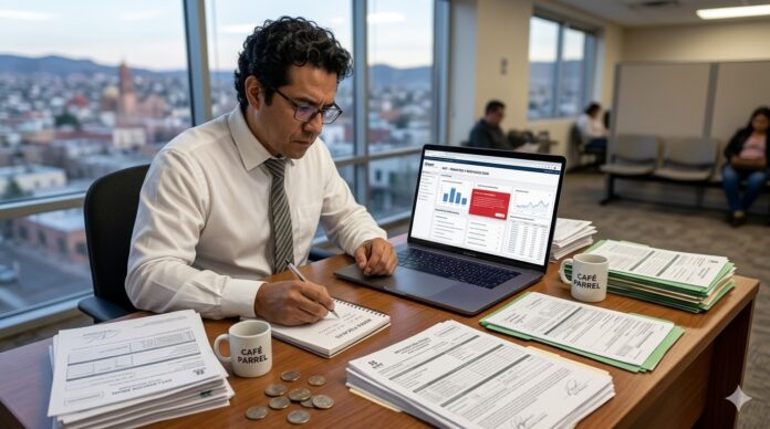 multa SAT depósitos no declarados 2026 persona revisando estados de cuenta bancarios y documentos fiscales