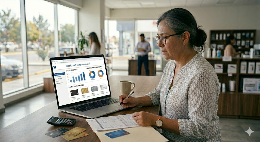 Mejores tarjetas de crédito 2026 en México según su costo real Persona mexicana comparando mejores tarjetas de crédito 2026 en laptop con tabla de CAT e intereses visibles