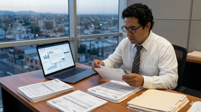 requerimiento SAT 2026 persona abriendo notificación fiscal del SAT en escritorio de oficina