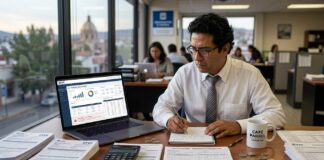 Multa SAT por no presentar declaración anual 2026: sanciones y cuánto puedes pagar multa SAT no presentar declaración anual 2026 persona revisando portal del SAT en laptop