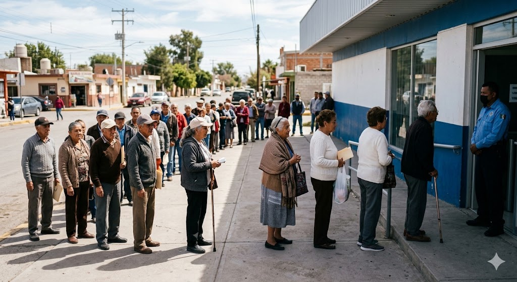 Pensión Bienestar marzo 2026: ¿quién cobra hoy miércoles 4 de marzo? Adultos mayores formados para cobrar la pensión bienestar marzo 2026 en el Banco del Bienestar