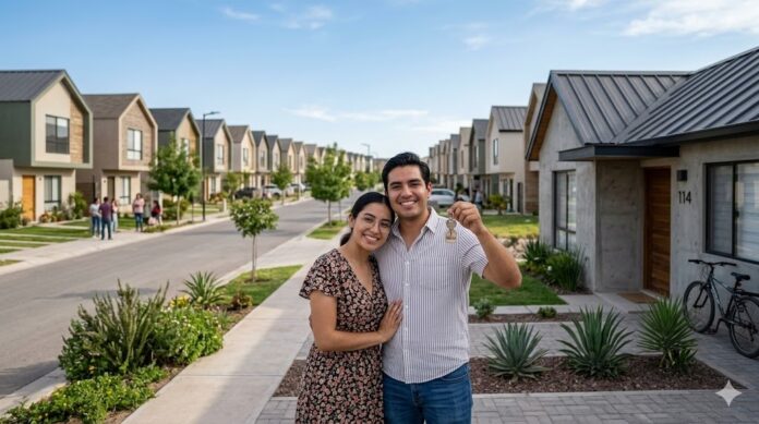 nuevo crédito Infonavit 2026 viviendas nuevas en México con pareja recibiendo llaves de su casa.