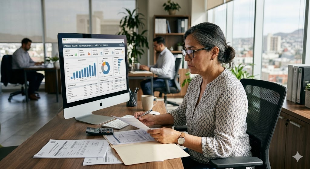 Cuánto dinero pierde tu negocio por no usar un CRM en 2026 Empresario mexicano analizando sistema CRM con gráficos de ventas en laptop en oficina moderna 2026