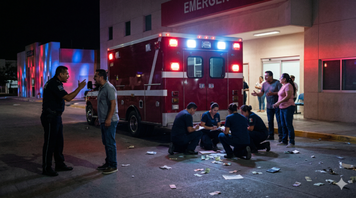 Ambulancia privada frente al área de urgencias de un hospital en México durante una emergencia nocturna.