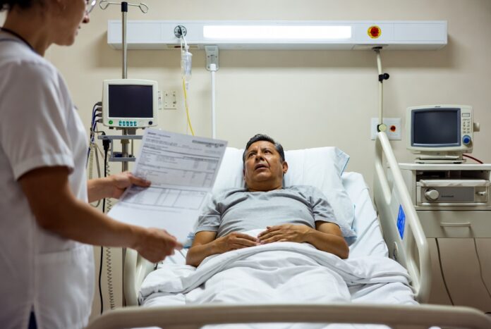 Paciente en hospital en México preocupado al recibir factura médica después de una operación