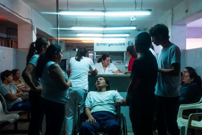 Familiares en hospital en México hablando con personal administrativo por costos médicos en urgencias