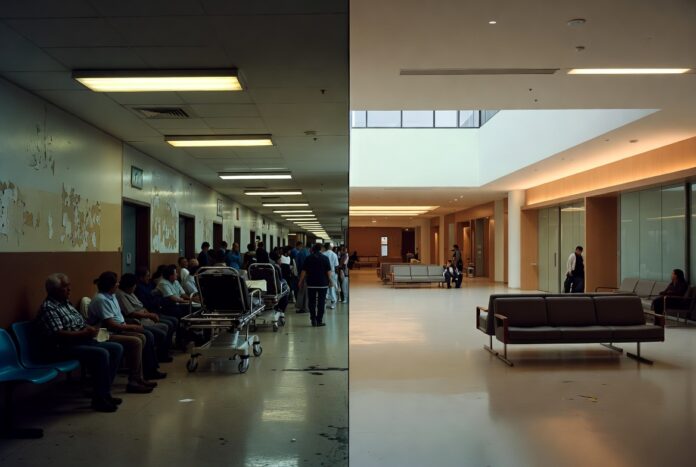 Comparación entre hospital público y hospital privado en México mostrando diferencias en atención médica y costos