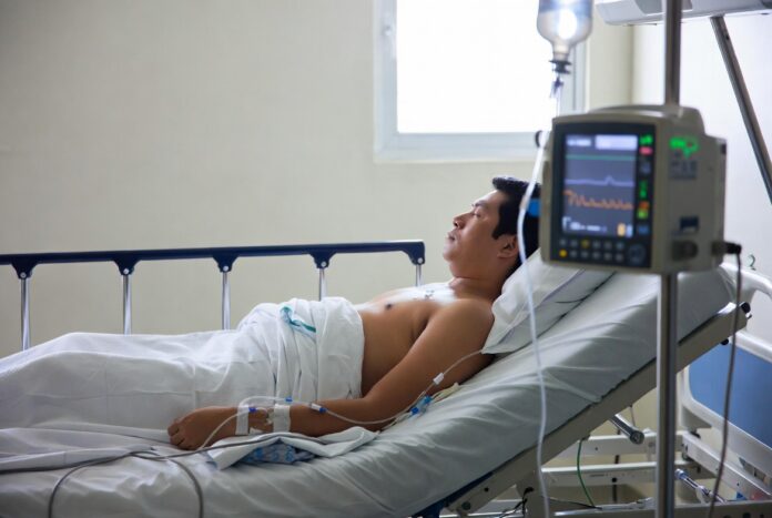 Paciente hospitalizado en México con suero y monitoreo médico en cama de hospital